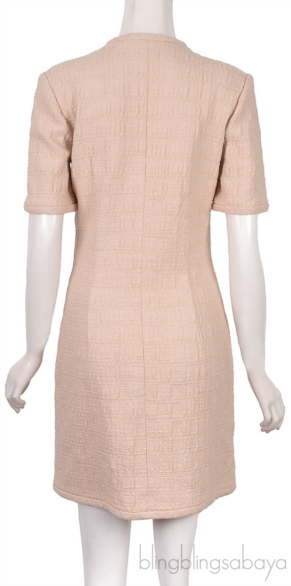 Beige Front Pocket Flower Button Dress
