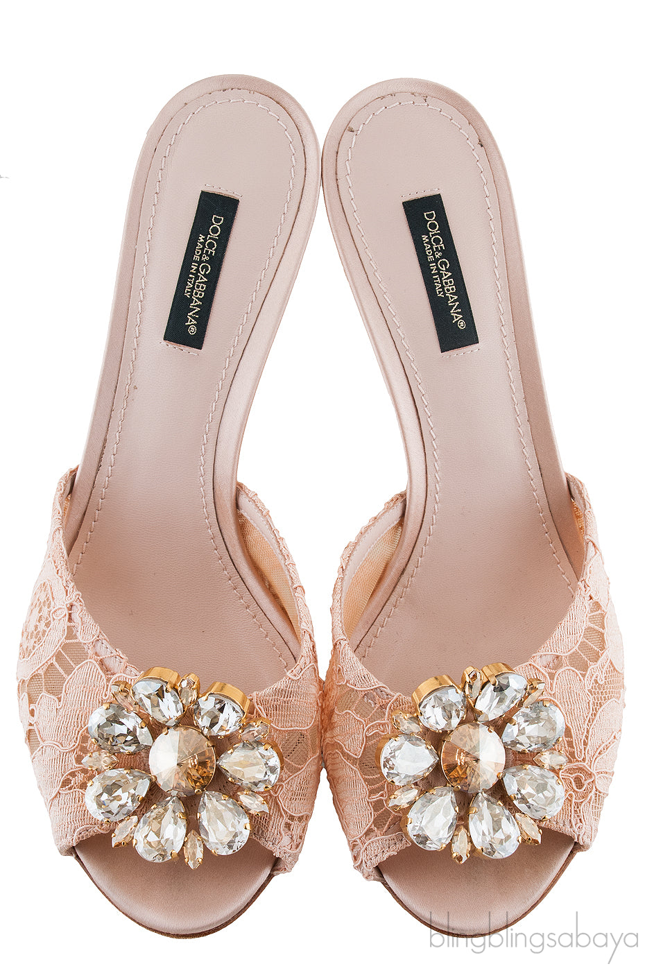 Beige Lace Crystal Vamp Slip-on Sandals