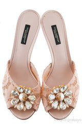 Beige Lace Crystal Vamp Slip-on Sandals