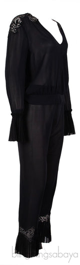 La Perla Black Pleated Trim Silk Pajama Set