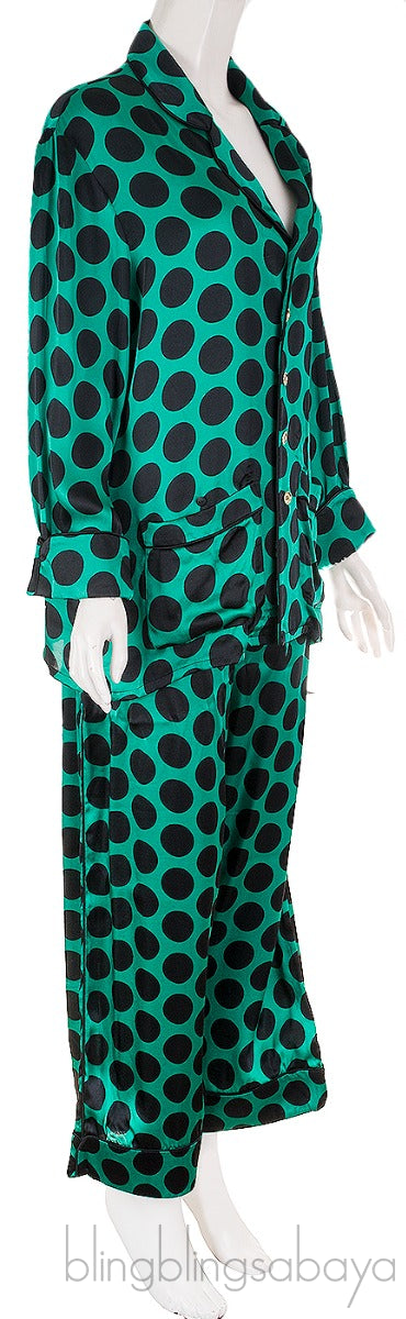 Green Polka-dot Satin Shirt & Pants
