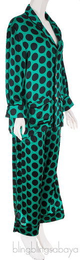 Green Polka-dot Satin Shirt & Pants