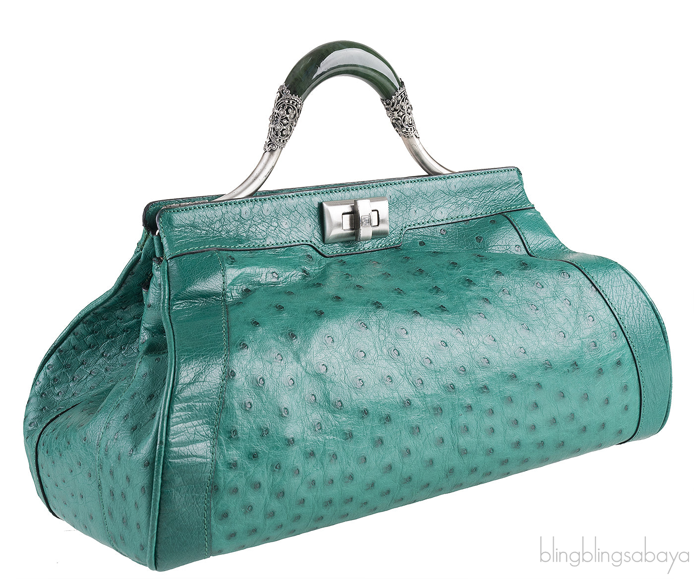 Green Ostrich Jade Handle Bag