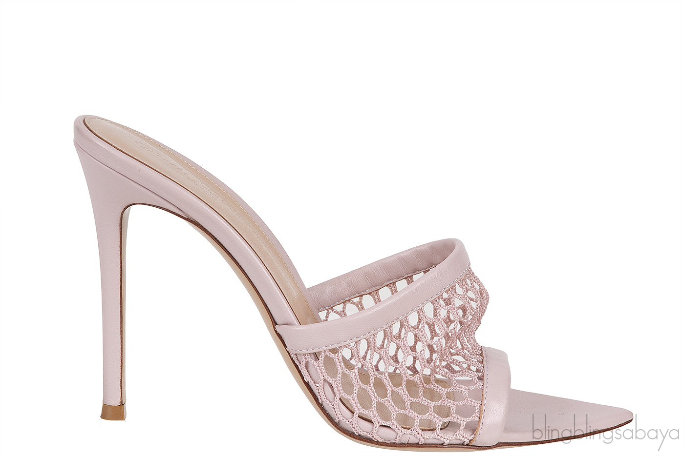 Pink Fishnet Leather Trimmed Mules