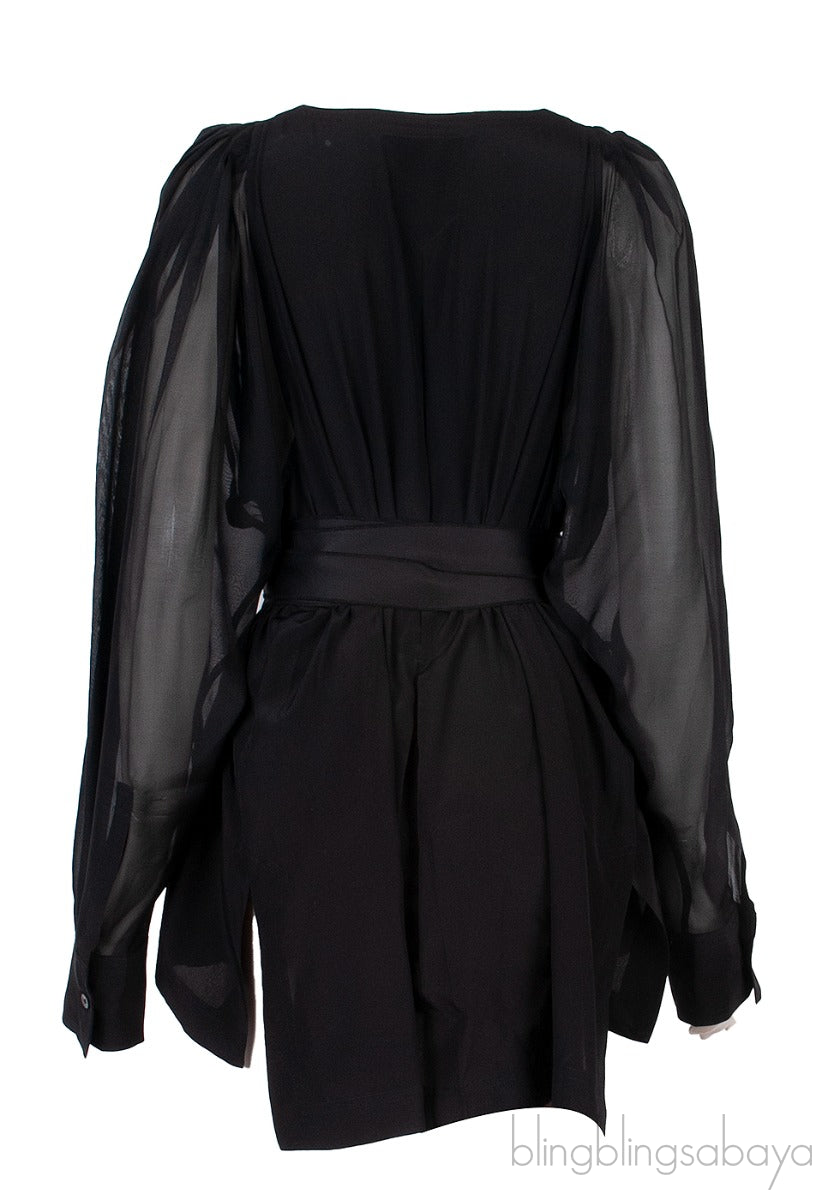 Black Long Sleeve Belted Top