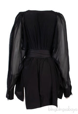 Black Long Sleeve Belted Top