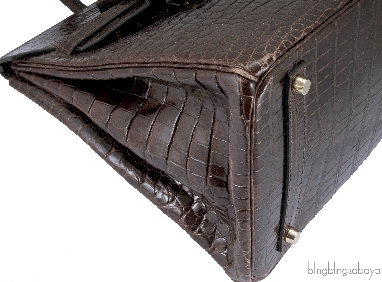 Birkin 35 Brown Patent Porosus GHW