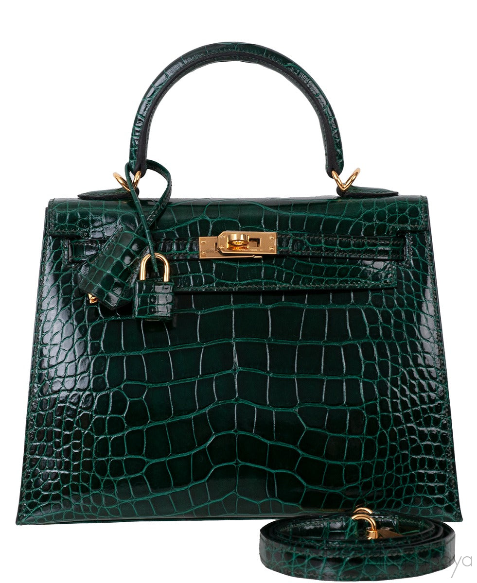 Kelly 25 Sellier Vert Fonce Patent Crocodile GHW