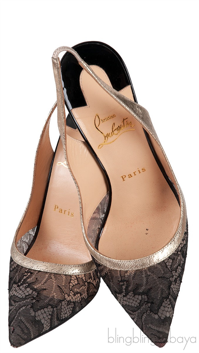 Christian Louboutin Black Floral Lace Gold Trim Slingback Heels