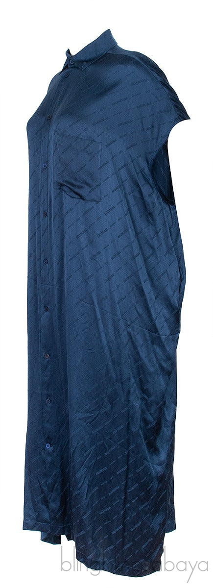 Oversized Blue Logo Print Shirt Dress