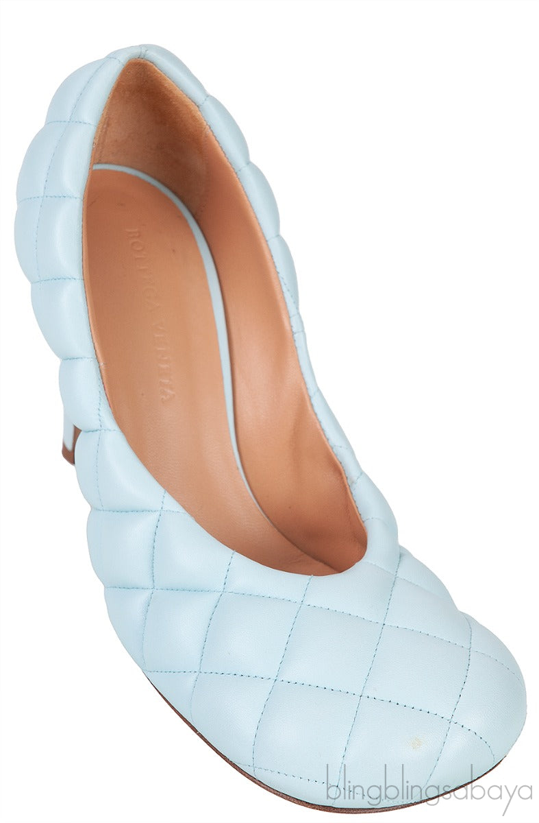 Bottega Veneta Light Blue Padded Block Square Toe Quilted Heels 37.5
