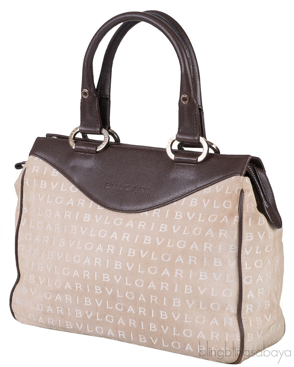 Logomania Beige Canvas Brown Leather Trim Bag