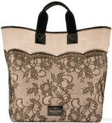 Beige Lace-appliquéd Raffia Tote