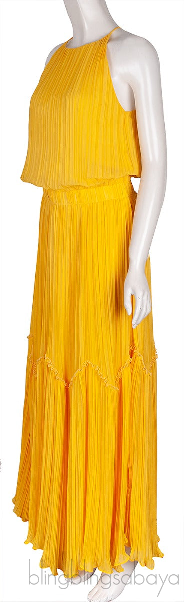 Yellow Pleats Please Tiered Maxi Dress