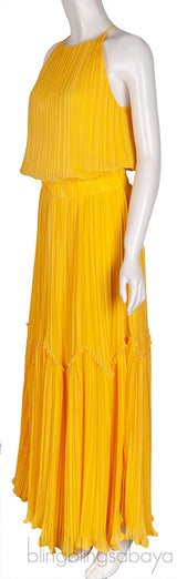 Yellow Pleats Please Tiered Maxi Dress