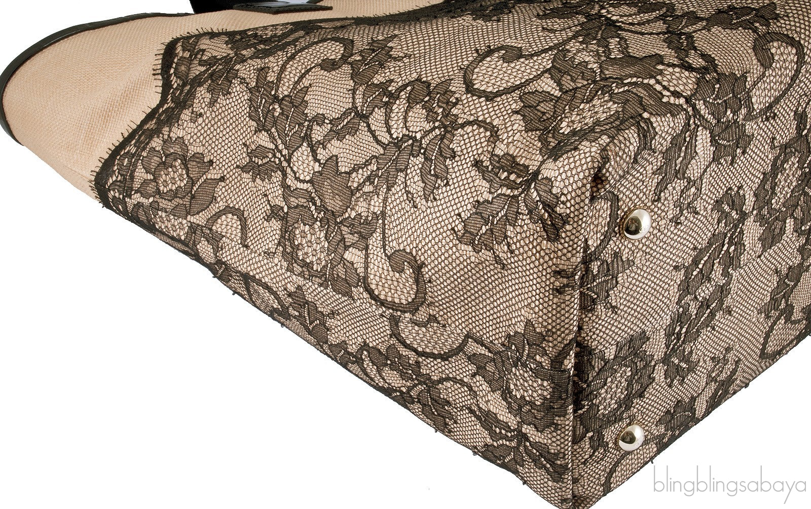 Beige Lace-appliquéd Raffia Tote