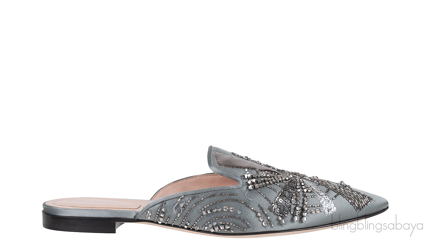 Grey Satin Sequin Embellished Pointed Toe Mule