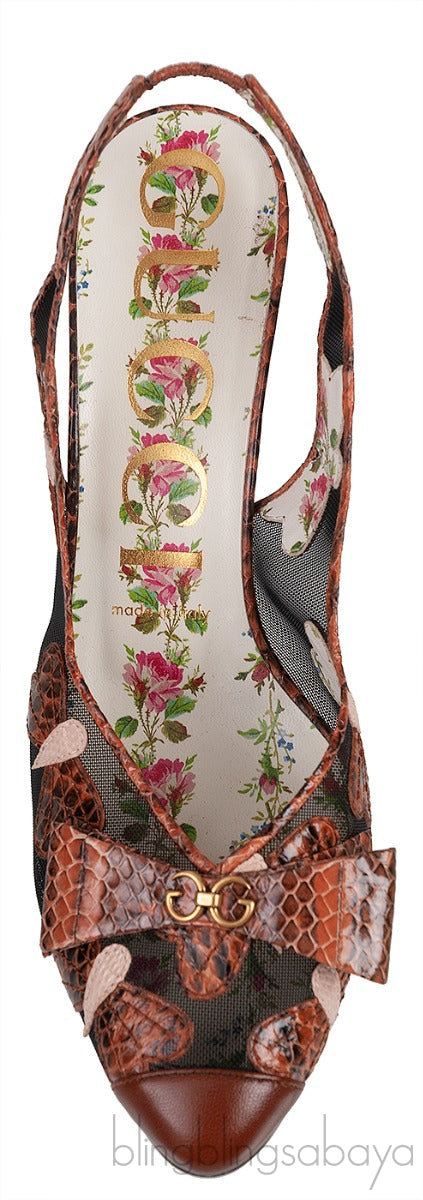 Gucci Malaga Kid Elaphe Lizard Butterflies Mid-Heel Slingback