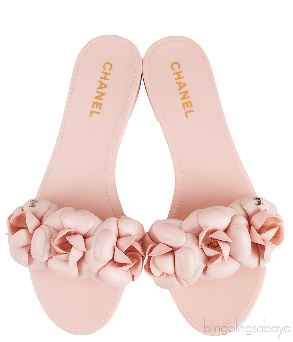 Pink Camellia Rubber Logo Mules