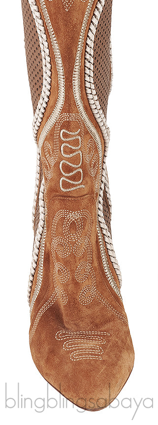 Brown Perforated Texan Knee High Boots