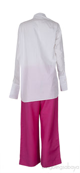 White Long Back Assymetric Shirt and Pink Wide Leg Trouser