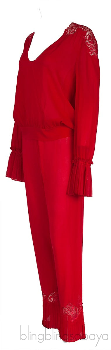 La Perla Red Pleated Trim Silk Pajama Set