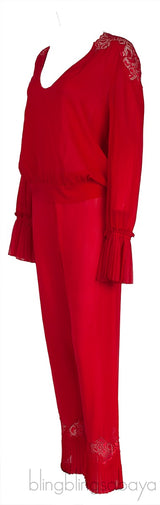 La Perla Red Pleated Trim Silk Pajama Set