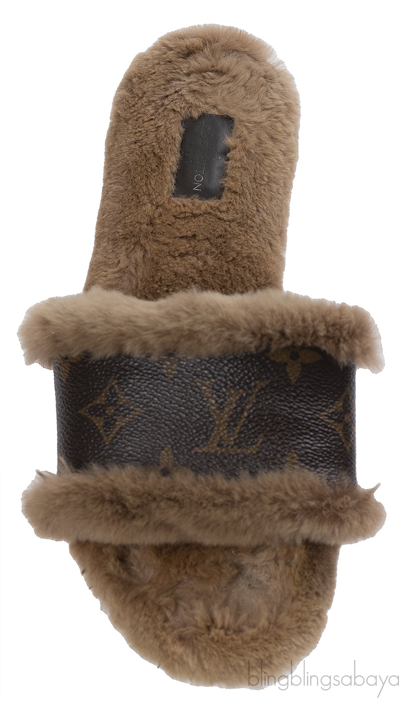 Louis Vuitton Cognac Monogram Mink Fur Slides