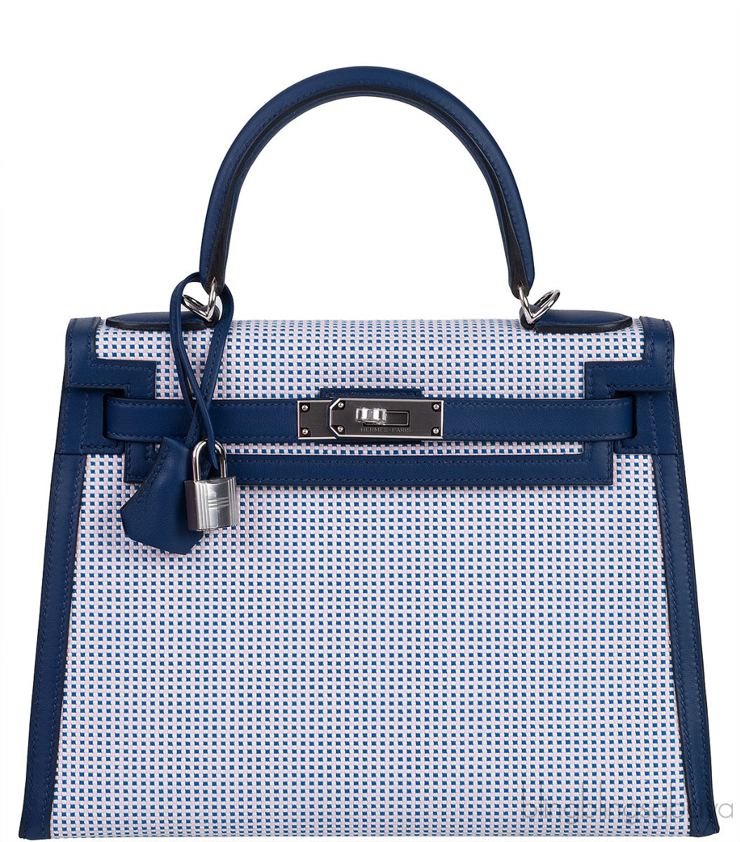 Kelly 28 Sellier Toile Quadrille Veau Swift Ecru-Mauve-Blue