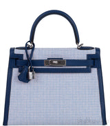 Kelly 28 Sellier Toile Quadrille Veau Swift Ecru-Mauve-Blue