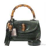 Gucci Forest Green Medium Crocodile Bamboo Top Handle Bag