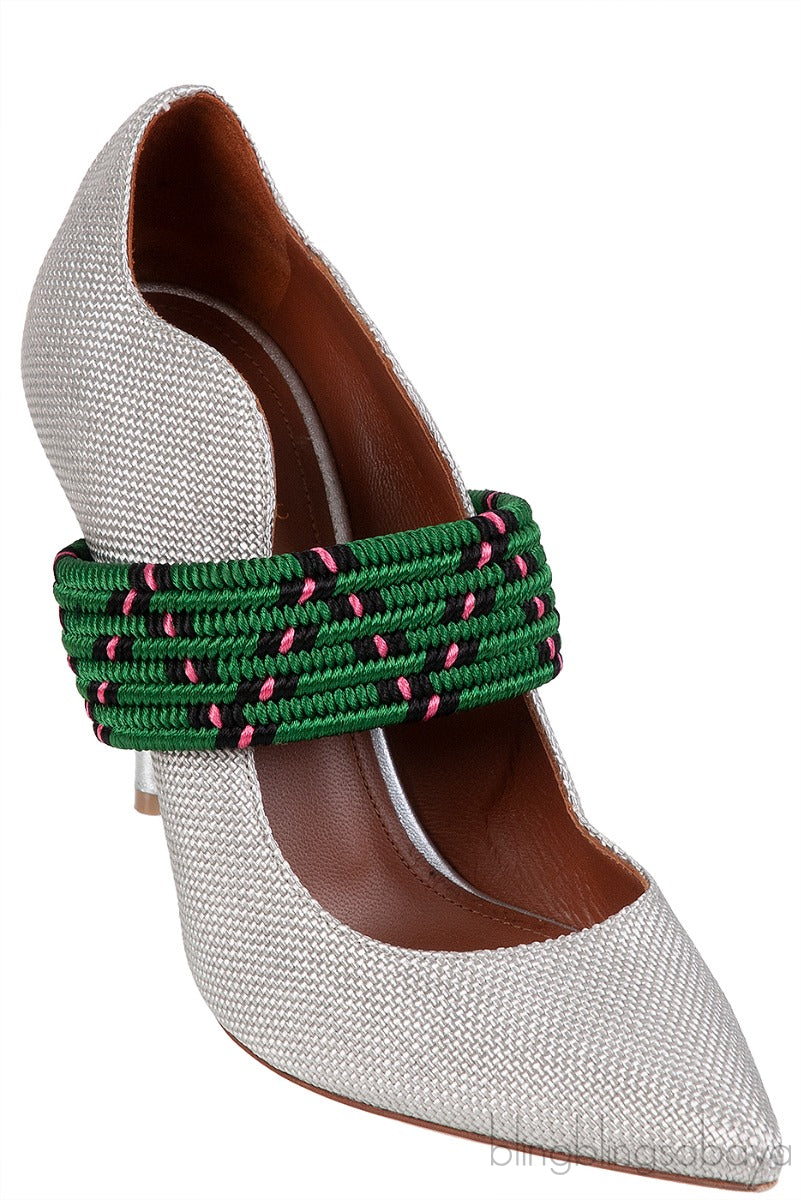 Silver Raffia & Green Fabric Heels