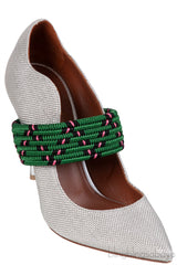 Silver Raffia & Green Fabric Heels