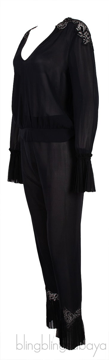 La Perla Black Pleated Trim Silk Pajama Set