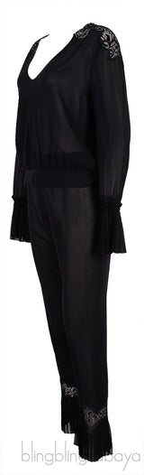 La Perla Black Pleated Trim Silk Pajama Set