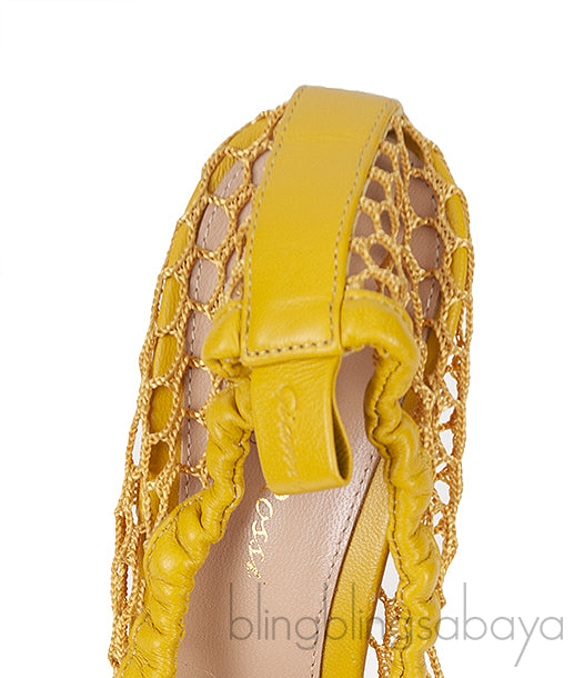 Mustard Leather Trimmed Fishnet Pump