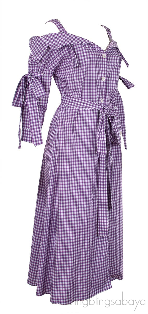 Purple Checkered Print Off-Shoulder Dress