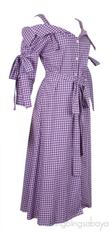 Purple Checkered Print Off-Shoulder Dress