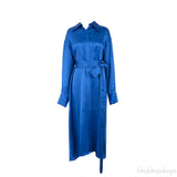 Blue Belted Pleated Satin Shirt Dress
