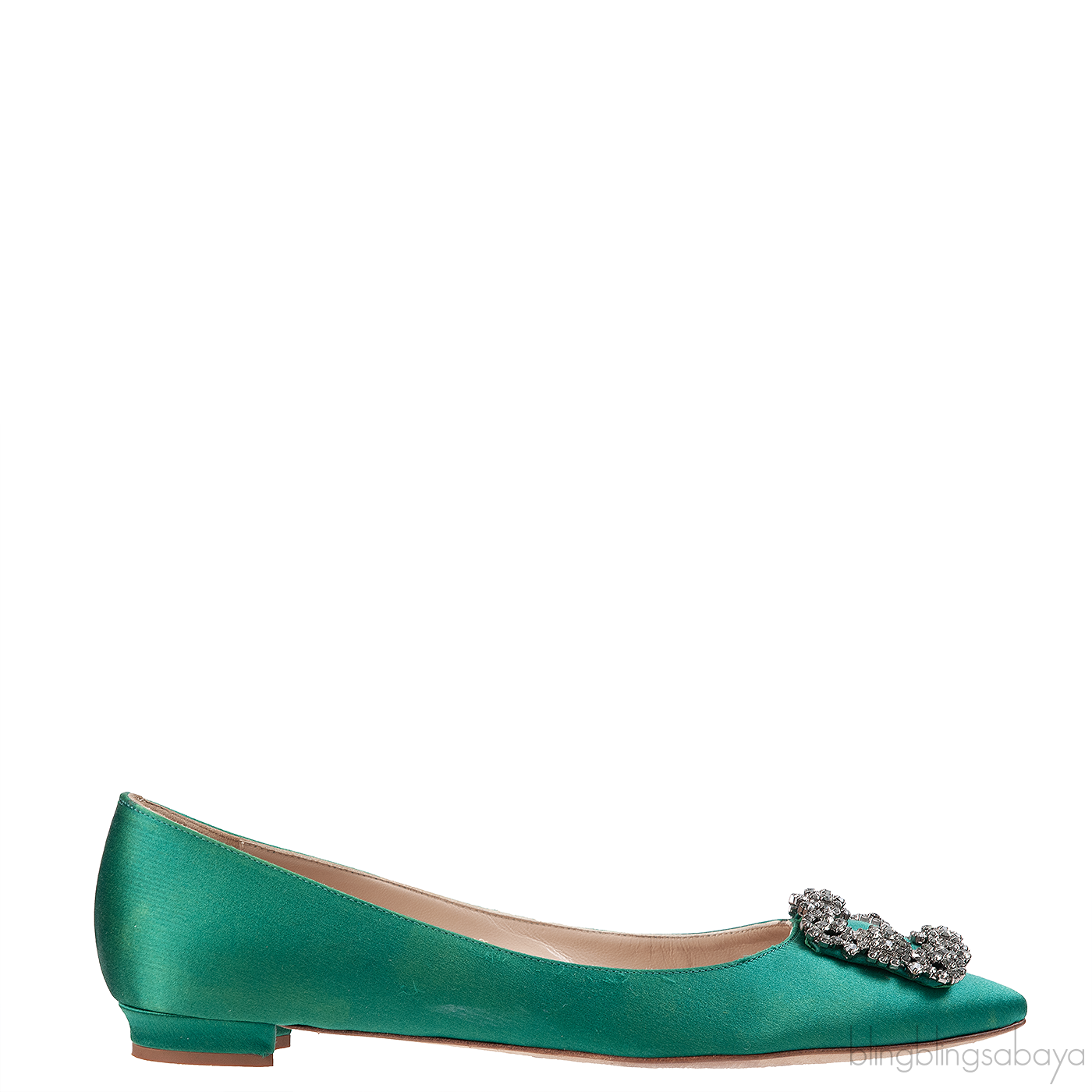 Manolo Blahnik Emerald Green Satin Hangisi Flat Shoes