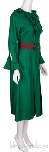 Emerald Green Ruffle Belted Midi Dress