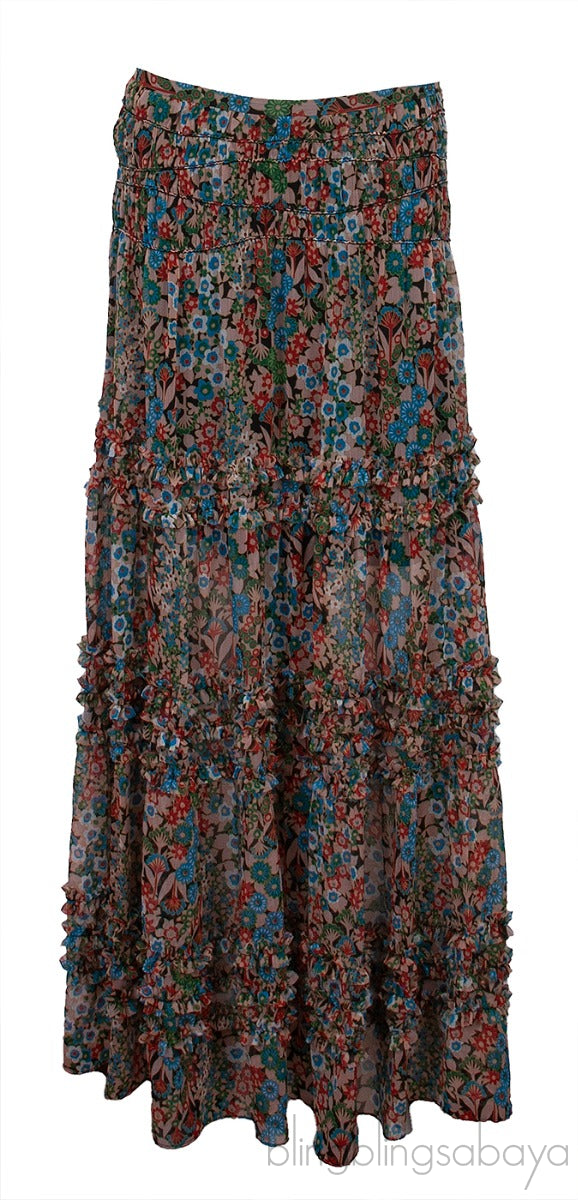 Pink Seam Free Engineered Cardigan & Tiered Multicolor Printed Skirt
