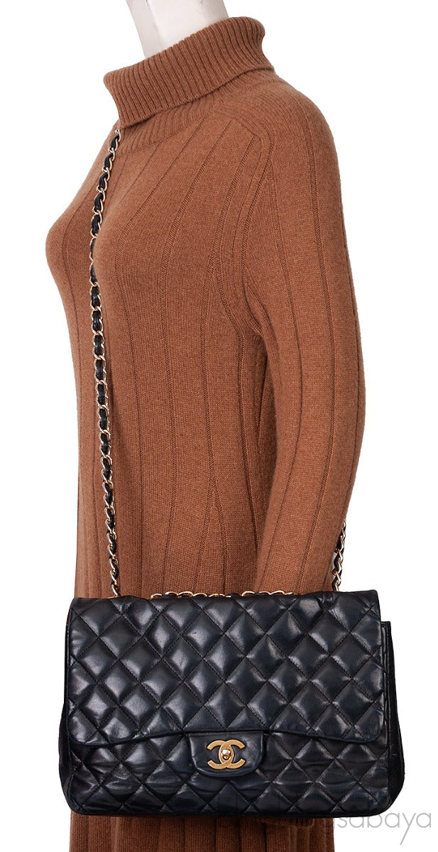 Black Quilted Vintage Jumbo Flap Bag GHW