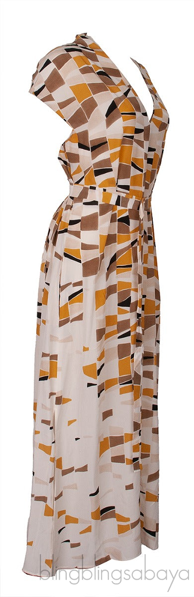 Beige Multicolor Print Belted Dress