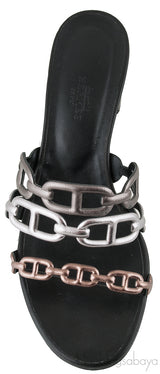 Chain Plain Leather Block Heels