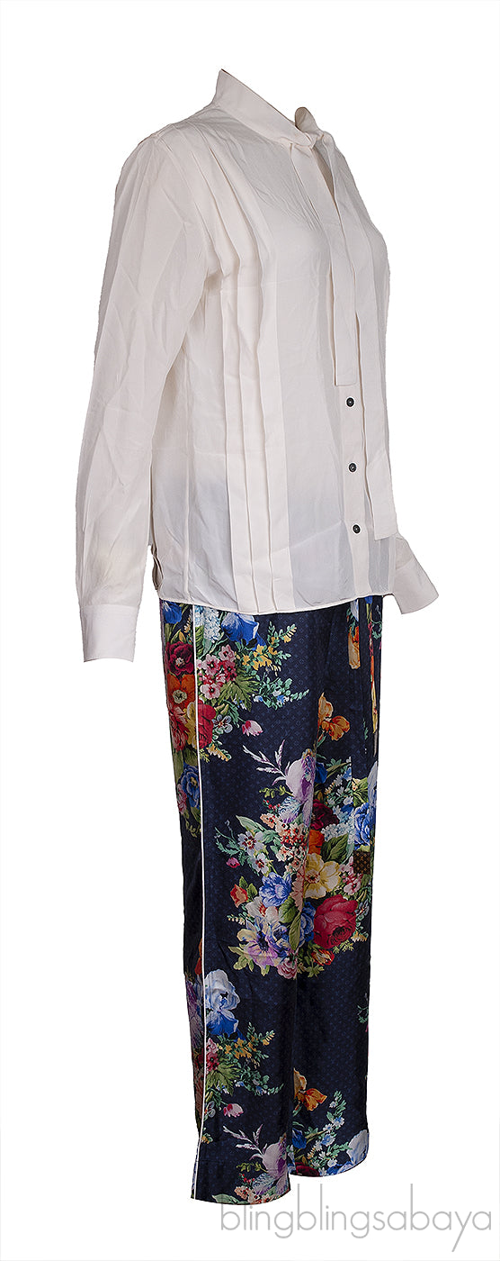 Off-white Pleated Shirt and Blue Floral Monogram Trouser