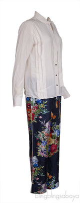 Off-white Pleated Shirt and Blue Floral Monogram Trouser