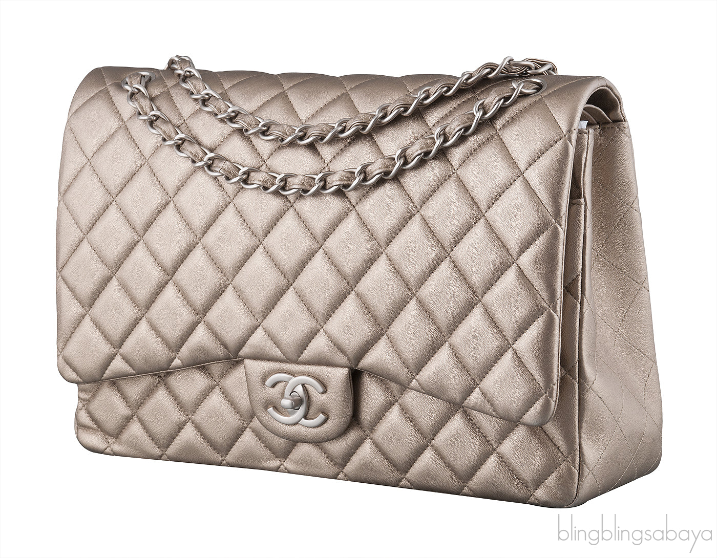 Metallic Silvery Gold Quilted Maxi Flap Bag