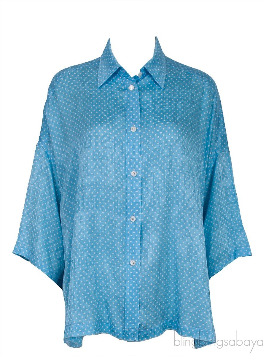 Light Blue Oversize Polka-dot Logo Print Shirt