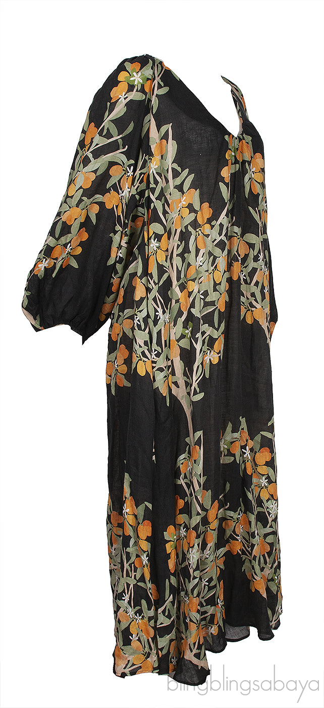 Black Georgette Floral Print Linen Dress